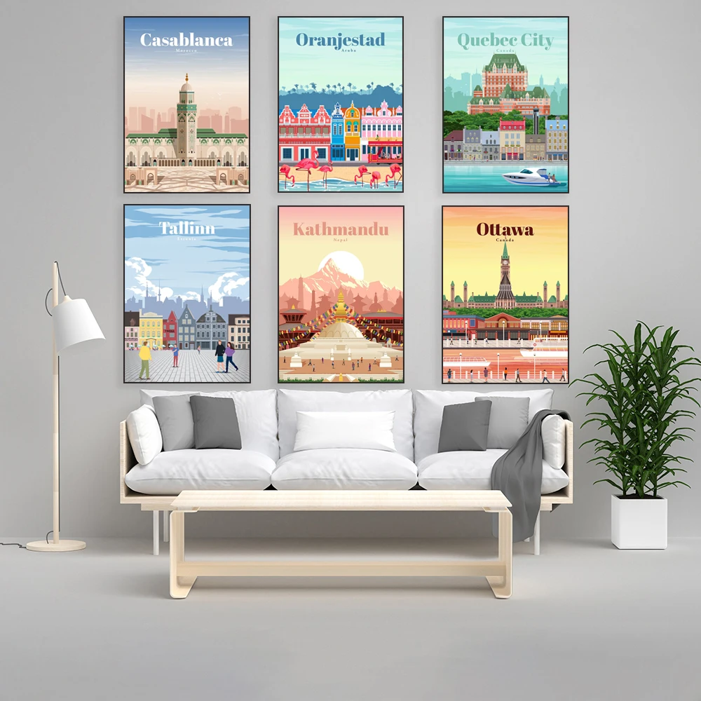 Türkiye, Halifax, Galway, Abu Dhabi, Casablanca, Cairo, Kathmandu, Lyon, Quebec City, Tallinn, Aruba, Valencia travel posters