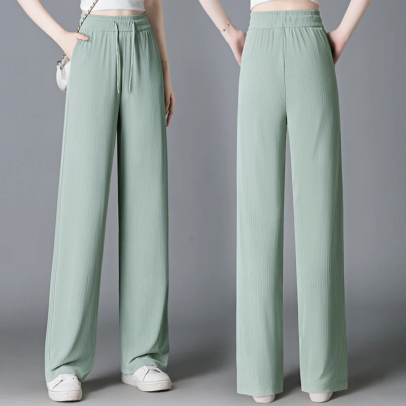 ใหม่เกาหลีรุ่นผ้าไหมน้ําแข็งขากว้างผู้หญิงฤดูร้อนกางเกงเอวสูงสบายๆอเนกประสงค์หลวมแฟชั่นกางเกงขาตรง