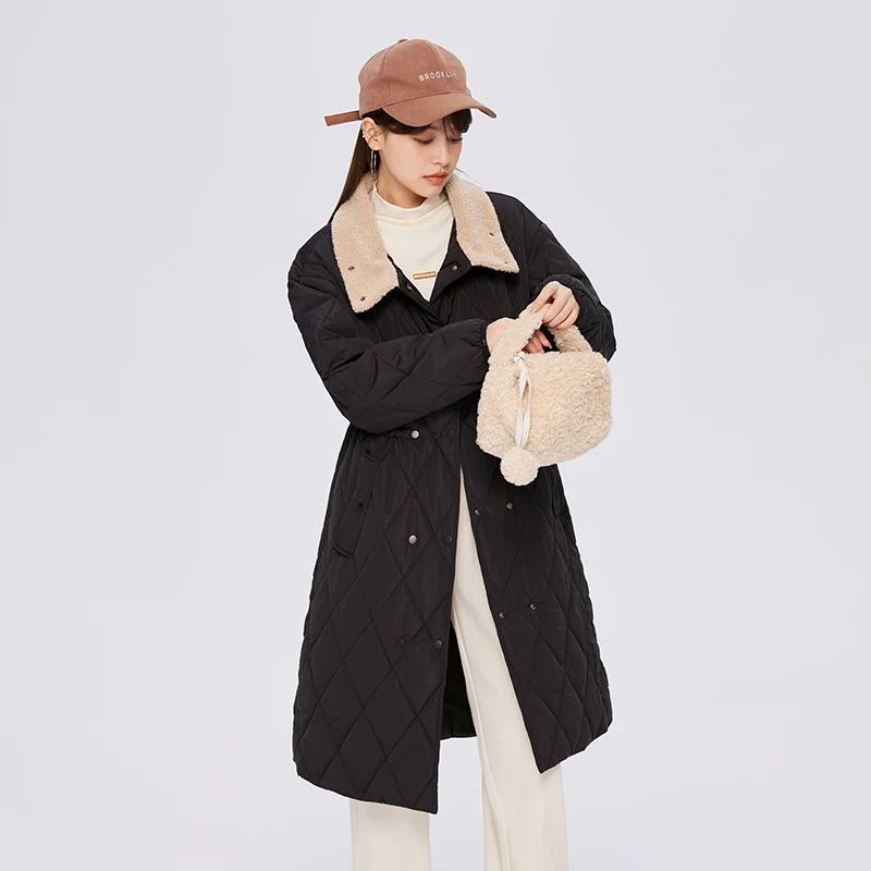 Winter Long Cotton Coat Women's New Casual Imitation Lamb Wool Collar and Belt Loose Thin Cotton Coat Women Winter Jacket Women