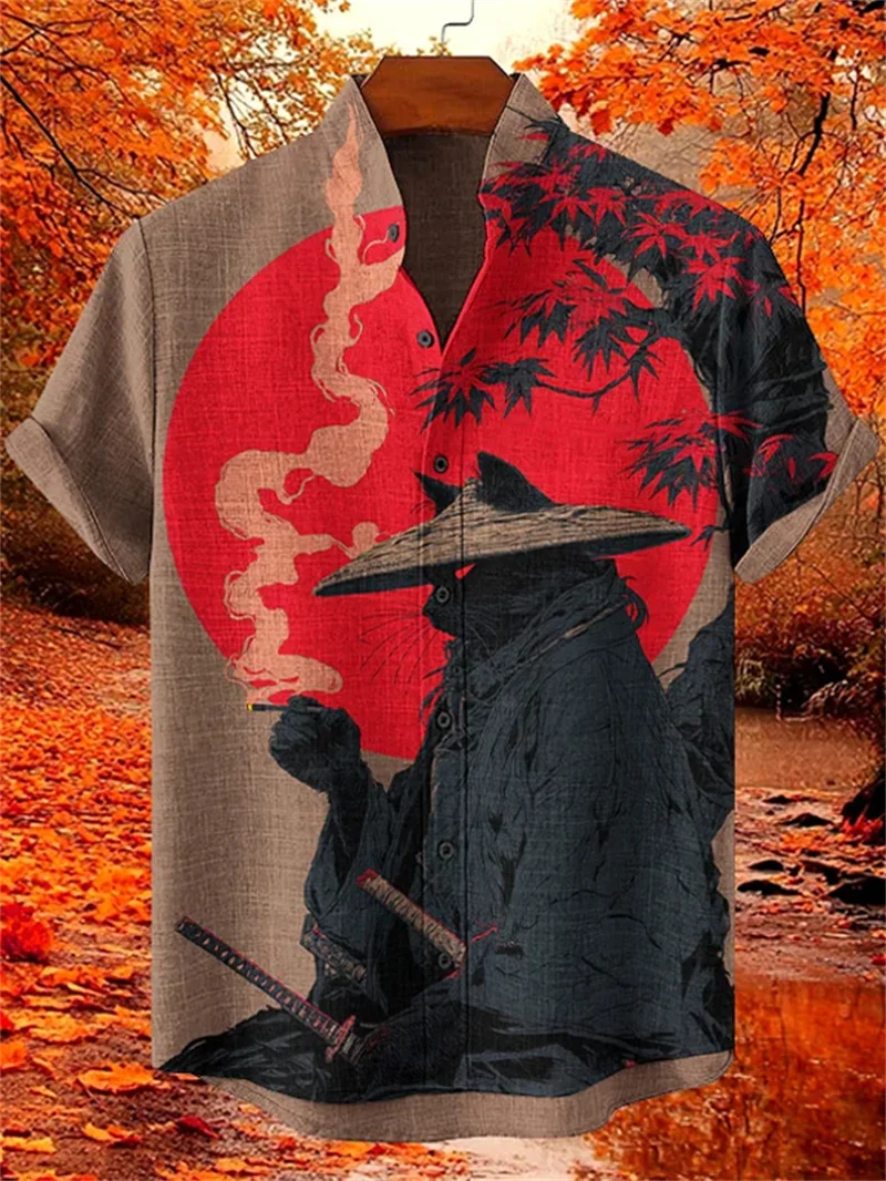 

New quirky vacation style linen short sleeved shirt for men, black cat riding dinosaur printed casual top
