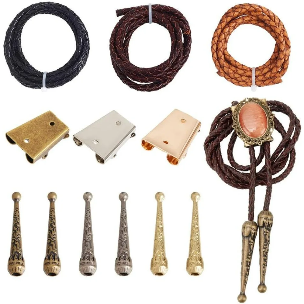 Bolo Tie Making Kit Bolo Tie Tips Replacement End Caps Kit Bolo Tie Buckle Accessories with 6 Pcs Alloy Cord End making kit