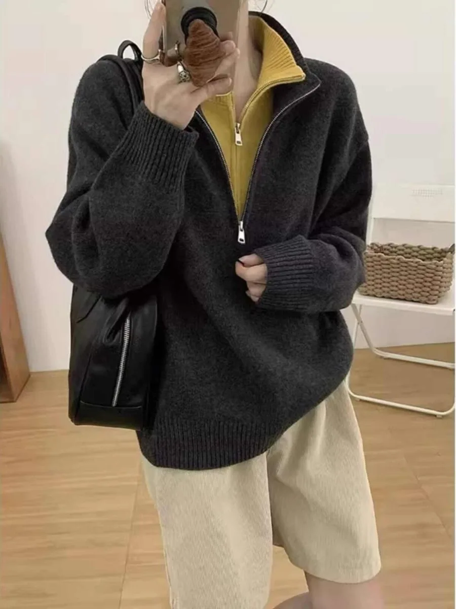 

High-End Lazy Sle Zipper f Open Front Knitted Sweater Soft Thiened Woolen Simulation Camere Warm Thiened Knitwear