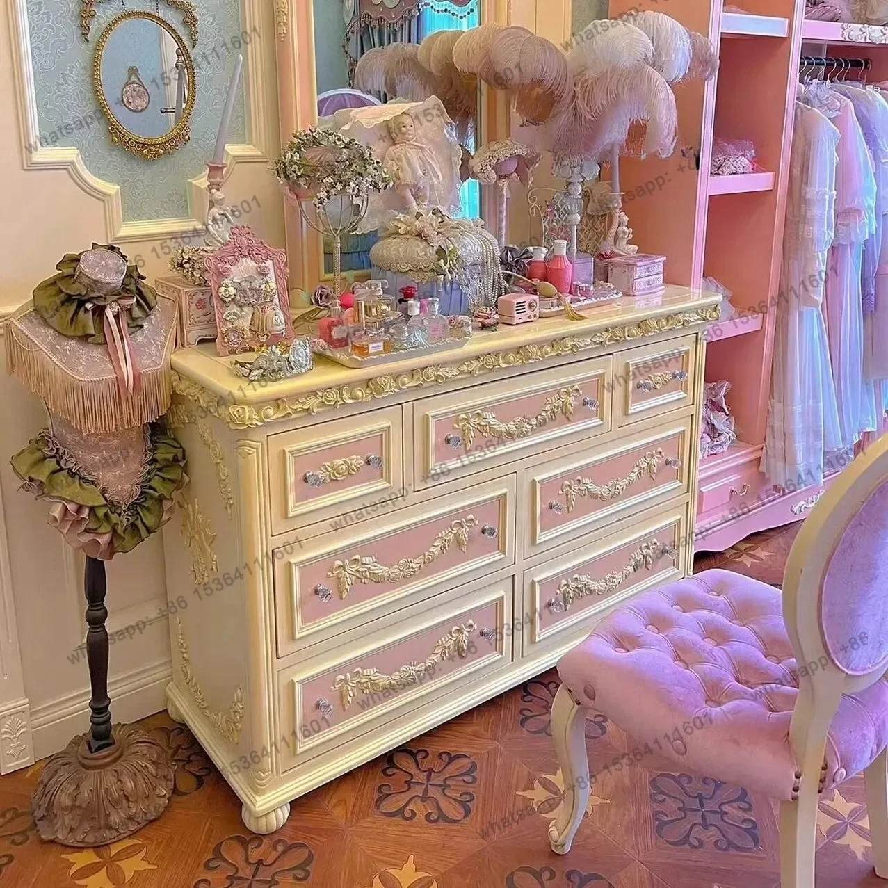 French Solid Wood Carving Flower Retro Seven Chest Cabinet European Storage Locker American