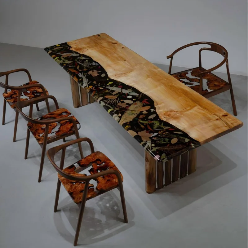 custom.Factory Sale New Design Black Epoxy Resin Solid Wood Large Board Poplar Wood High Quality Floral Art Dining Table Tea Tab