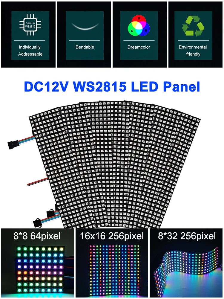 Écran numérique à matrice de panneau LED flexible, WS2815, 5050 RVB, 8x8, 16x16, 8x32, entièrement adressable, technologie du signal des touristes, 4 broches, DC 12V