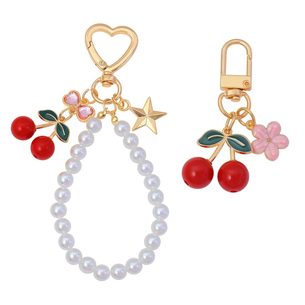 Porte-clés cerise avec nœud papillon en strass, chaîne de perles en fausses perles, lanière pour téléphone portable, étui pour écouteurs, sac, accessoires de décoration