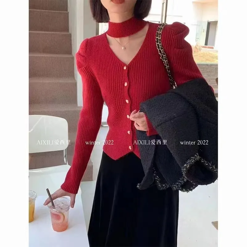 

2023 Autumn Sweet Female Sweater Puff Sleeve V-neck Button Fly Hollow Out Halter Collar Women's Knitted Cardigans Lady Jumpers