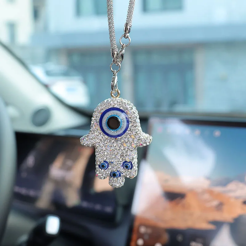 Creative Luxury Diamond Palm Car Decor Pendant Cute Car Rear-view Mirrors Devil - Eyes Pendant Women Universal Car Accessories