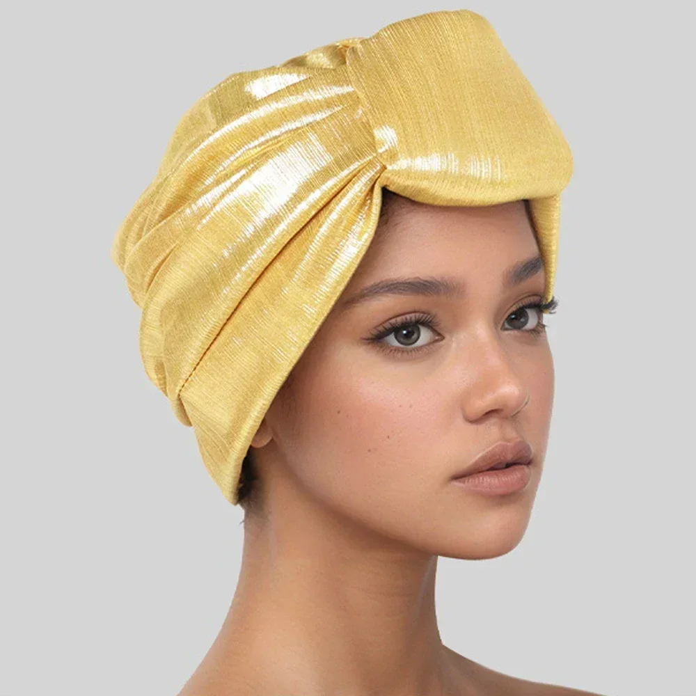 Shining Knotted African Headtie Women's Turban Cap Auto Gele Head Wrap Nigerian Wedding Geles Muslim Hijab Bonnet Headscarf Hat