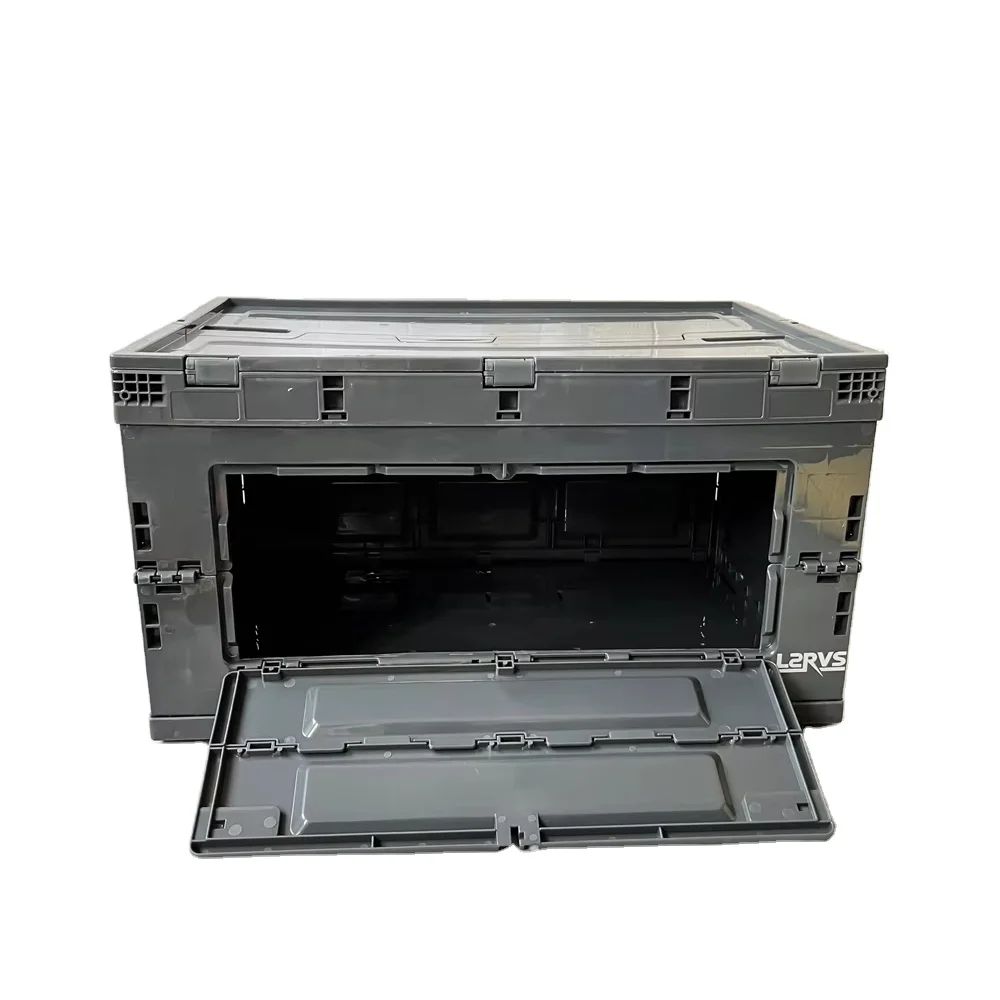 

Cheap Price Dark Grey Color In Stock 80L Camping Home Storage Plastic Folding Storage Box Bin With Front Open