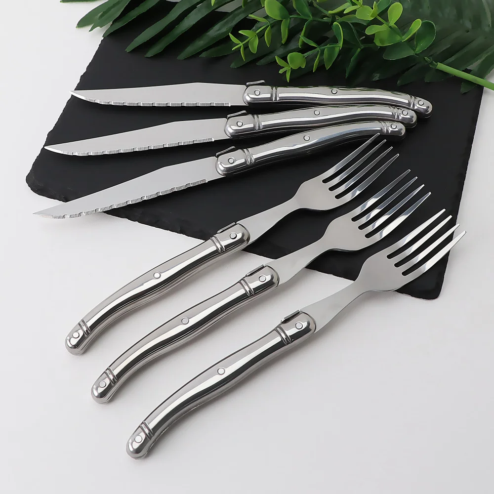 Jaswehome 6pcs Stainless Steel Flatware Set Laguiole Decorated 3Pcs Dinner Knives&3Pcs Forks Sets Western Dinnerware