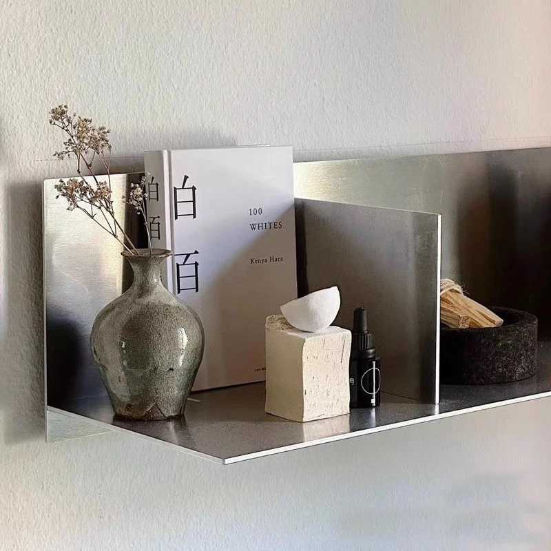 Light Luxury Style Minimalism Stainless Steel Storage Rack Small Living Room Wall-Mounted Bookshelf Vase General Cargo Storage