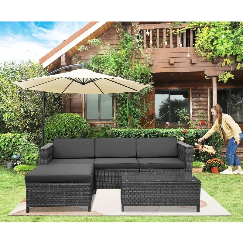 5 Piece Outdoor Patio Sectional Furniture Set, Weather Resistant Rattan Outside Couch, Waterproof Conversation Sofa