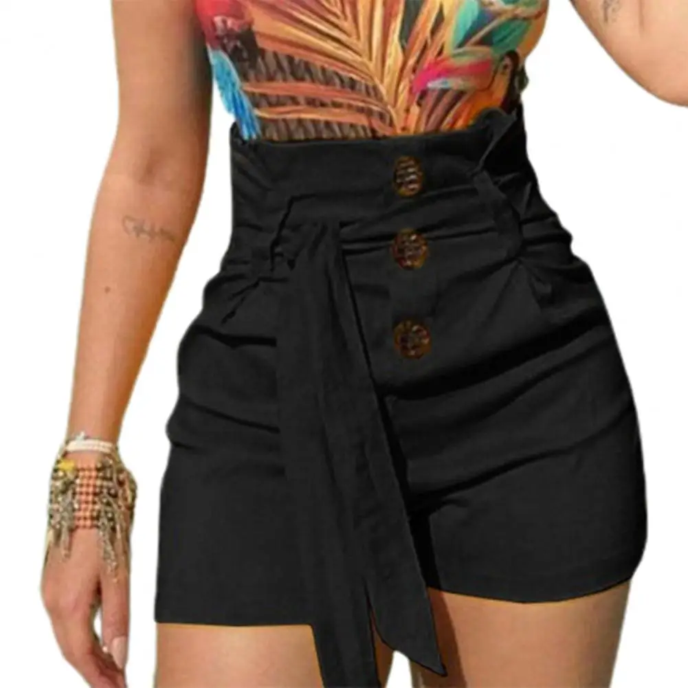 Lady Shorts Temperament Skinny Shorts High Waist Pleated Tight Zipper Placket Lace Up High Waist Button Decoration Women Shorts