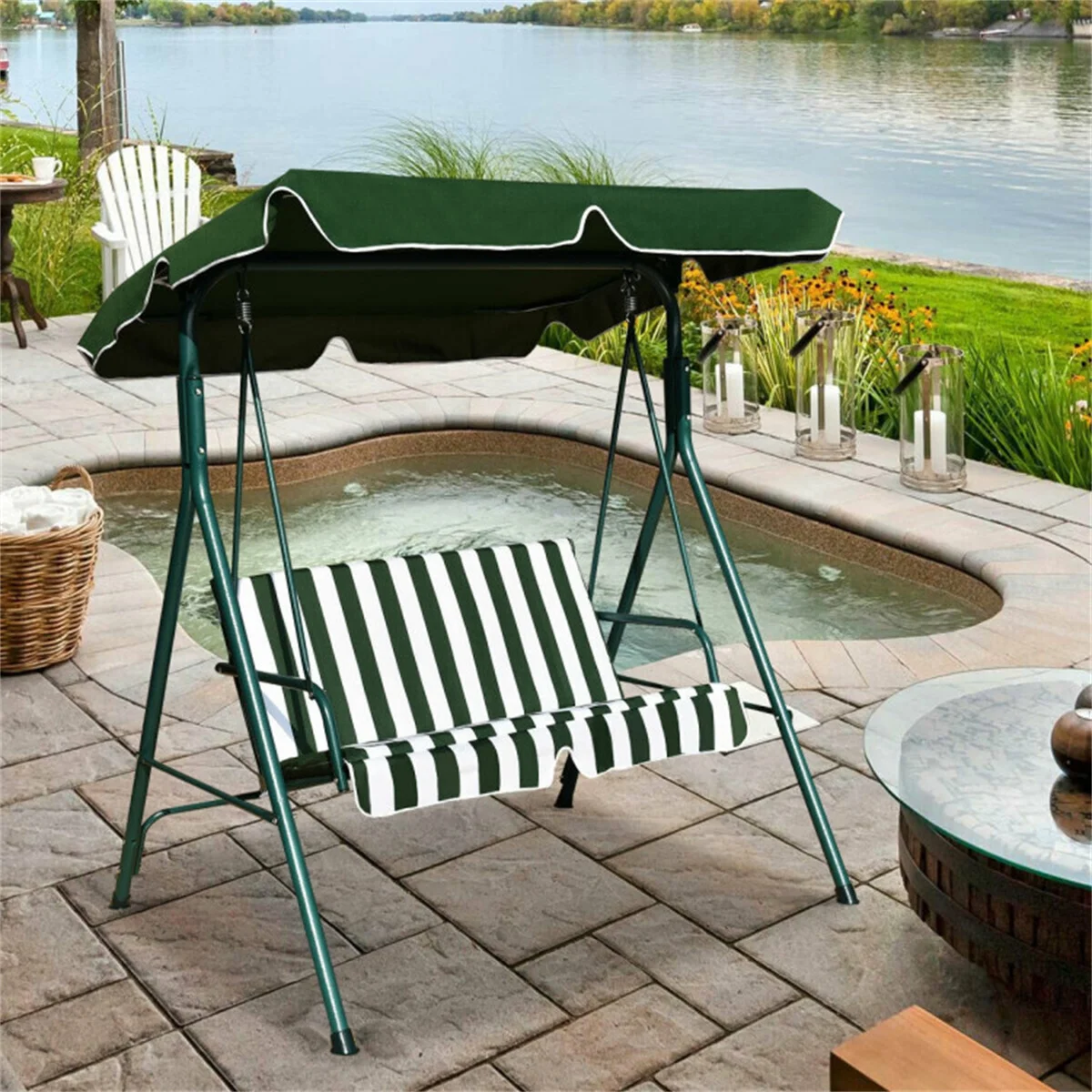 Two terrace swing chairs with sunshade, green