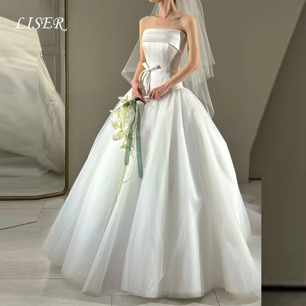 

Liser Strapless A-Line Korea Sleeveless Satin Wedding Dresses 웨딩드레스 Corset Simple Ivory Customized Pretty Bride Gowns Plus Size