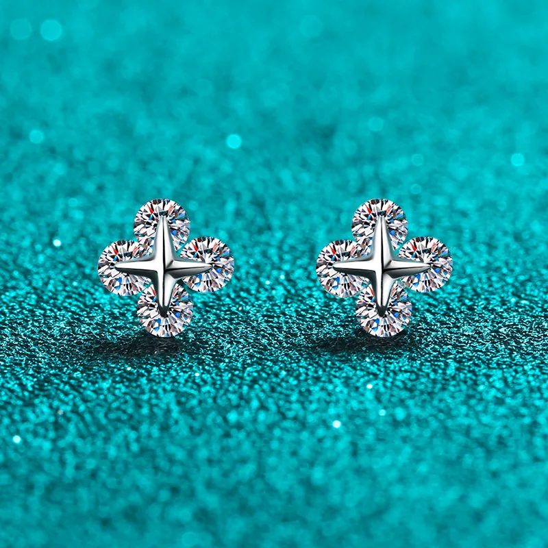 D VVS1 Round 4 Stones Moissanite Stud Earrings S925 Silver 18K White Gold Plated Unisex Jewelry with GRA Certificate