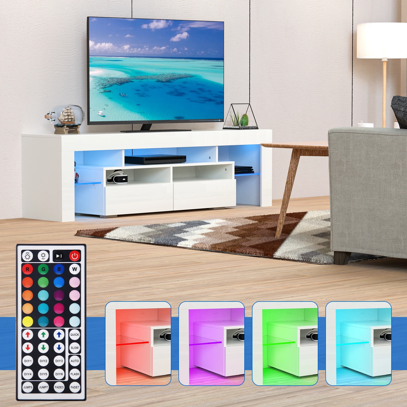 63''LED TV Stand for 70/65/55 inch TV, Modern Entertainment Center with Storage Drawers, High Gloss TV Cabinet, Remote RGB Light