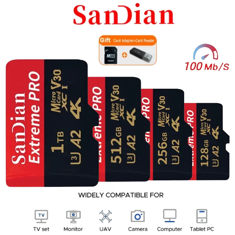 Cartão de Memória Micro TF SD de Alta Velocidade 256GB 128GB U3 A2 Classe 10 Original para Vídeo 4K, Flash TF para Celular, Câmera e Drones