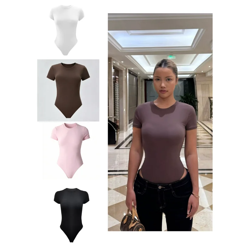Spring 2026 round Neck Short Sleeve Jennie Onesie Sports Slimming Suit High Waist Short Pants Polyester Fiber Ladies Suit
