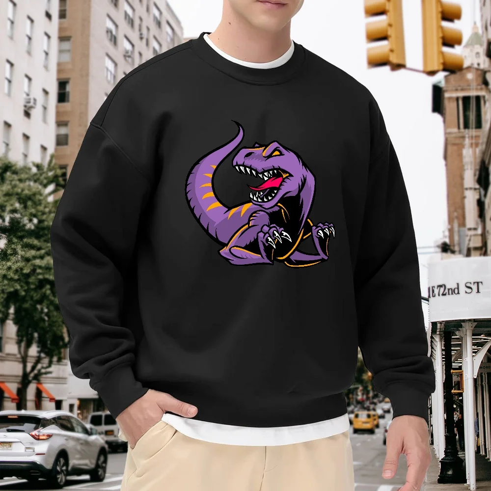 

Men's Black Crew Neck Loose Sweatshirt, Purple Dinosaur Print Top, Street Fashion Casual Versatile, Comfortable and Breathable for Everyday Wear and Sports