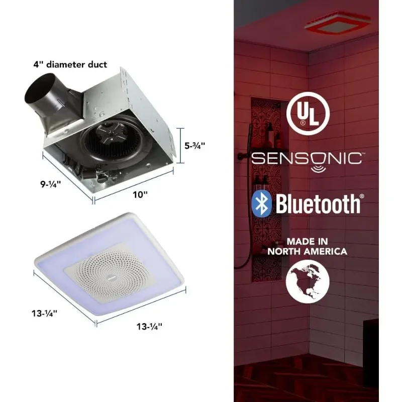 SPK110RGBL ChromaComfort مروحة عادم الحمام، 110CFM/1.5 Sones، مع مكبر صوت بلوتوث Sensonic وإضاءة LED 24 لونًا