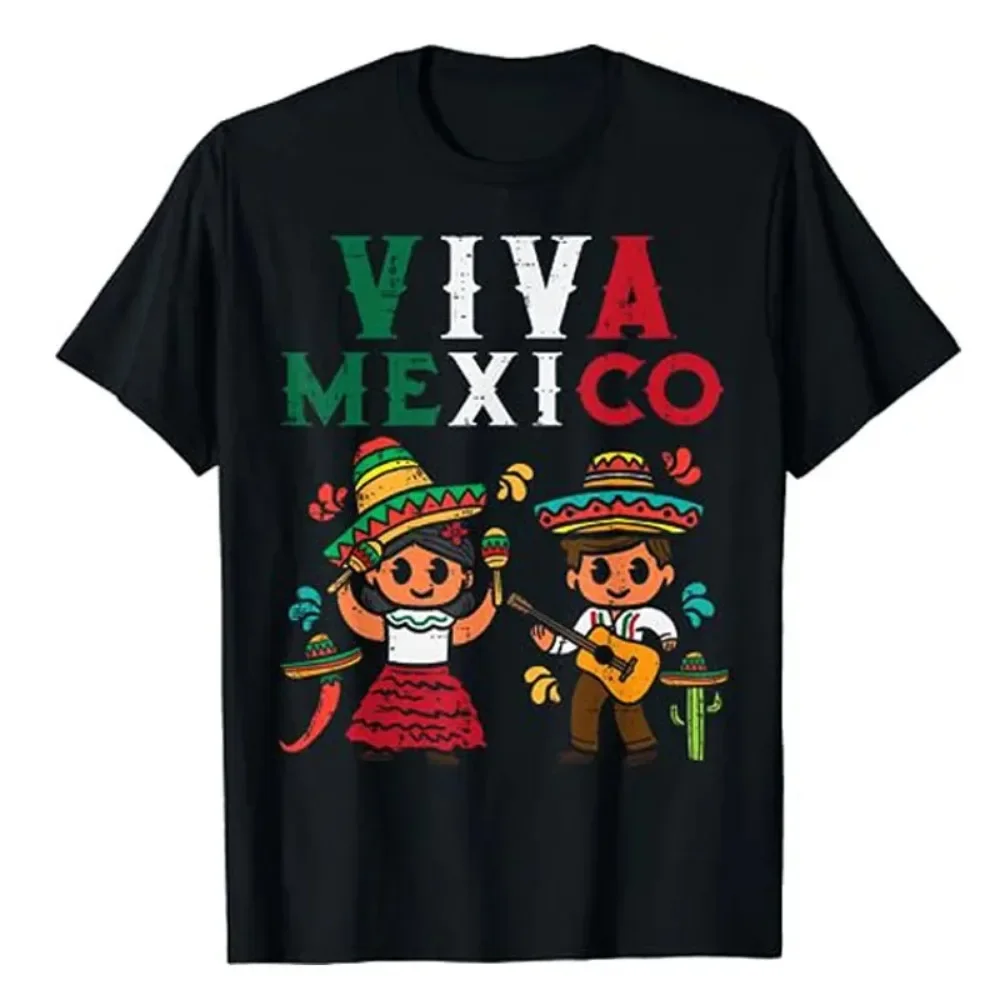 Viva Mexico Men and Women Maracas Guitar Mexican Independence T-Shirt Graphic Vintage Mexico Flag Outfit Family Matching Clothes