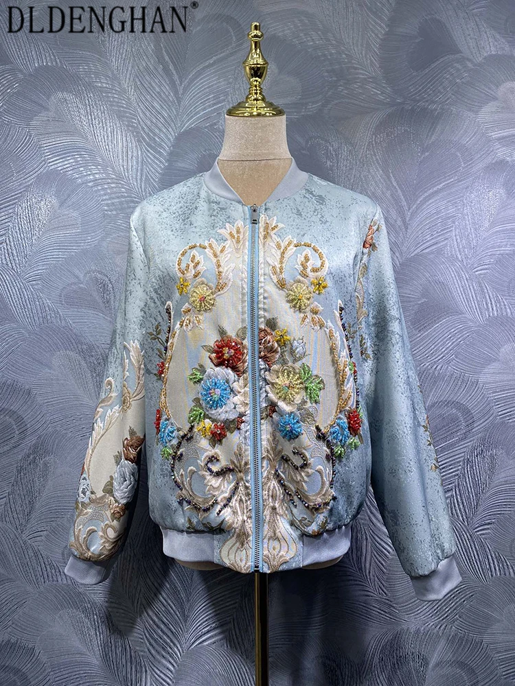 

DLDENGHAN Women Stand Collar Beading Jacquard For Long Sleeves Pockets Autumn Fashion New Jacket