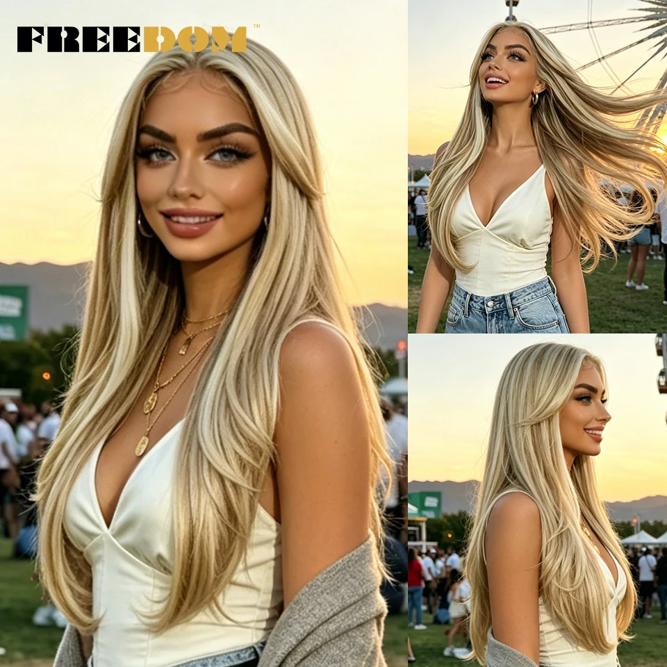 FREEDOM 26 inch Straight Layered Wig With Bangs Synthetic Lace Front Wigs For Women Ombre Brown Blonde Highlight Daily Party Wig