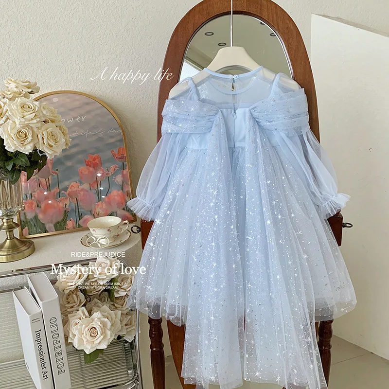 Baby Girls Dress Fashion 2025 Spring Summer New Sweet Glitter Cloak Mesh Dress Childrens Princess Dress