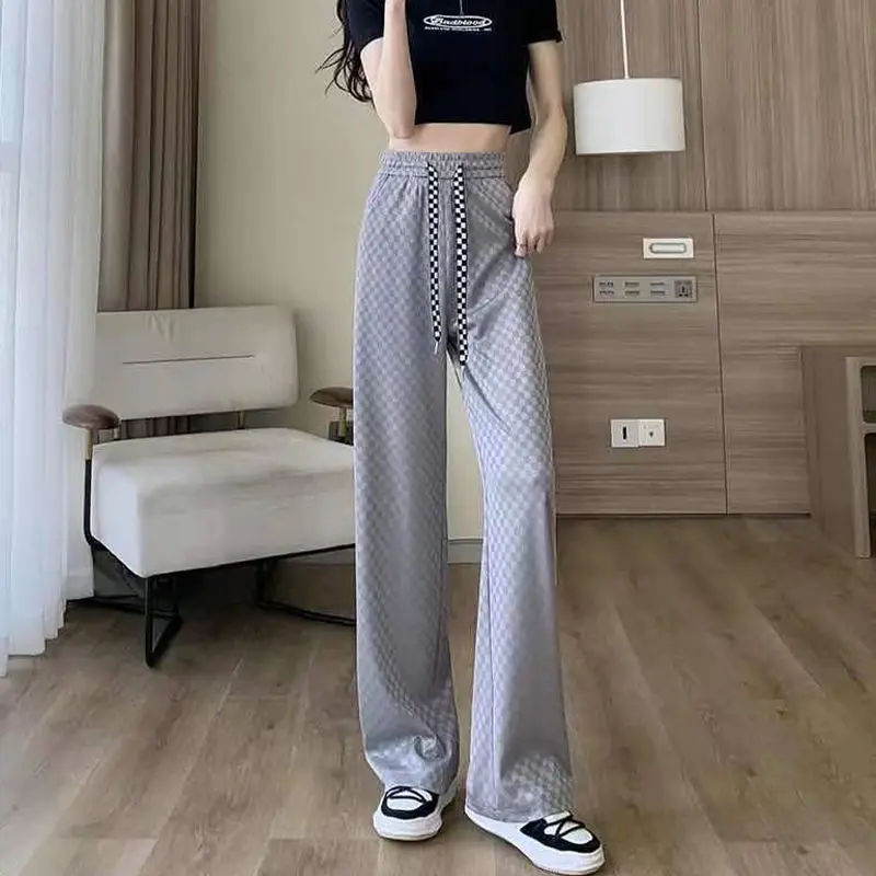 Summer Women\'s Plaid Checked Pants 2024 Fashion Ice Silk Trousers for Women High Waist Korean Style Wide Leg Palazzo Straight