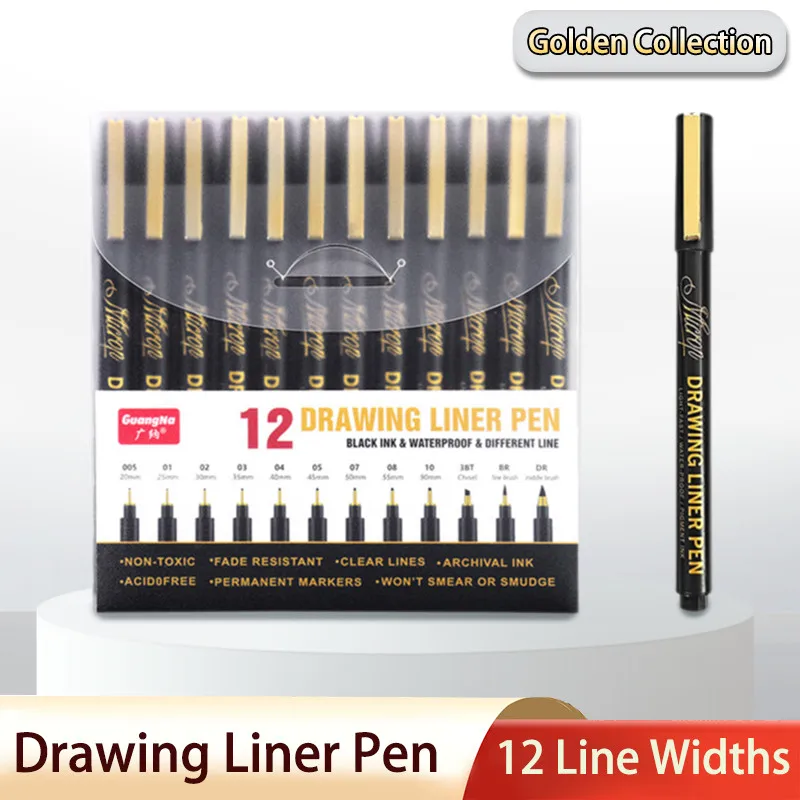 Guangna Needle Pen Soft Waterproof  Fine Art Line 12 Tip Pigment Liner Micron Ink Work Comic Illustration Design Sketching Set