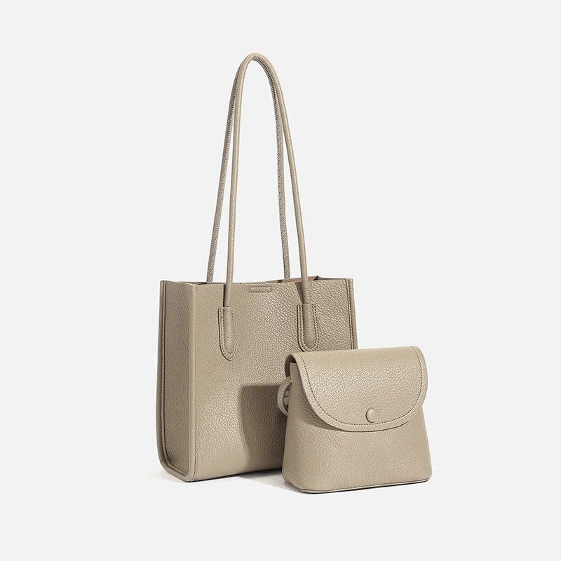 Women Taupe Leather Tote Bag 2 Piece Set with Crossbody Bag Large Capacity Shoulder Bag Handbag Set