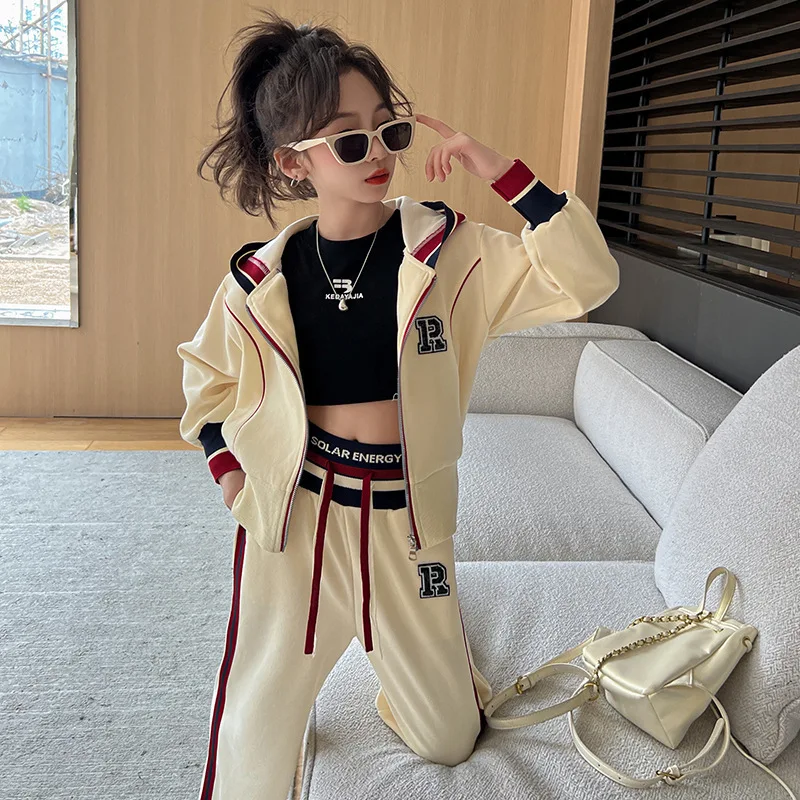 2024 autumn girls Clothes Children set zipper Sports Suit Teen tracksuit hooded jacket + striped pants 4 5 7 8 10 11 12 years