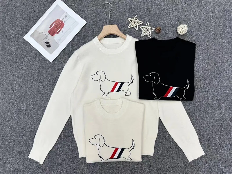 Pullover girocollo ricamato da donna, maglione ricamato, bianco, nero, maglioni carini per cani, vestiti estetici