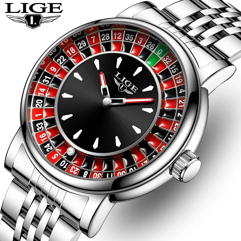 

Мужские часы LIGE, креативные мужские наручные часы, деловые полностью стальные часы с русской рулеткой и циферблатом, светящийся вращающийся Lucky Ball + коробка