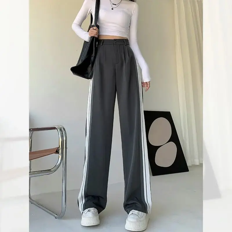 ใหม่ Basic สีเทากางเกงผู้หญิงเกาหลีแฟชั่นเอวสูงตรงลายกางเกงขากว้างฤดูใบไม้ผลิฤดูใบไม้ร่วง Baggy กางเกง