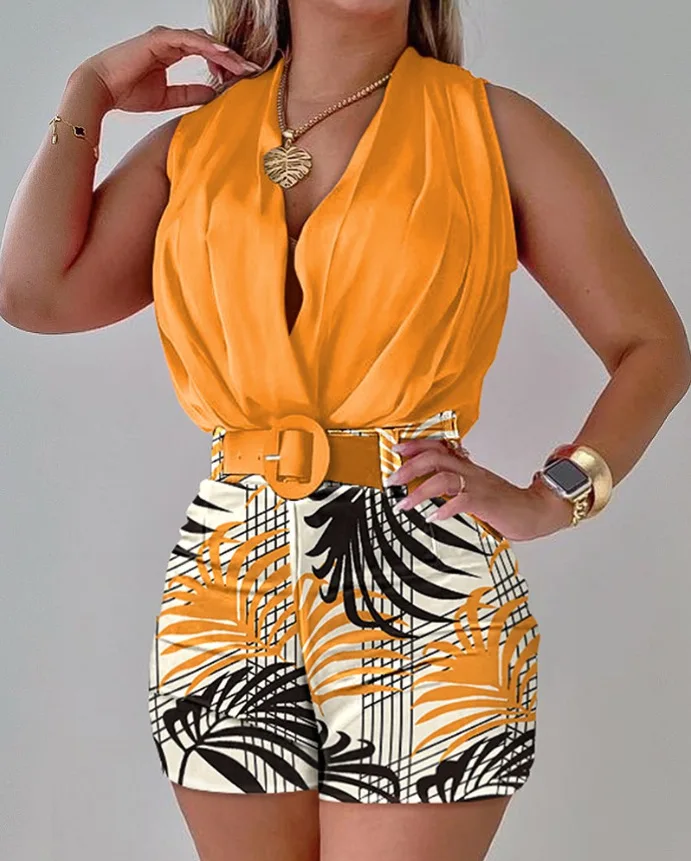 

Sexy Deep V Neck Print Suit For Women Elegant Solid Sleeveless Top Belted Shorts Two Piece Set 2024 Summer Fashion New Lady