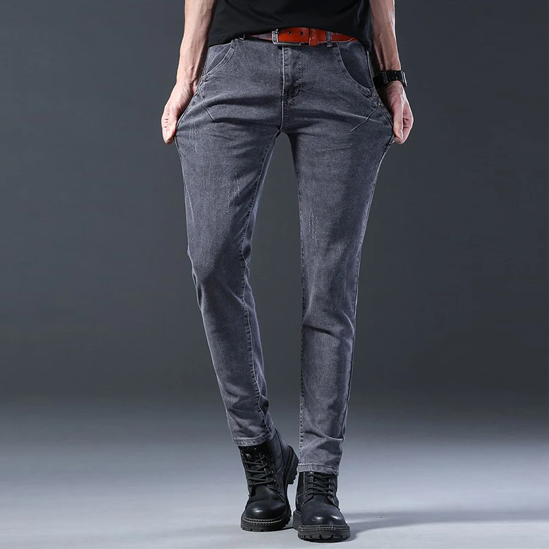Pantalones vaqueros ajustados y cómodos a la moda para hombre, pantalones vaqueros informales inteligentes, rectos y sueltos, aspecto elástico Formal, pantalones grises más altos