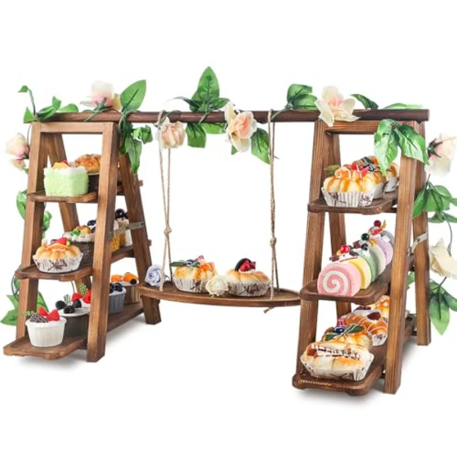 

Wooden 3 Tier Cupcake Stand with Swing and Flower Decoration Serving Removable Tray Display Serving Ladder Foldable Stand with S