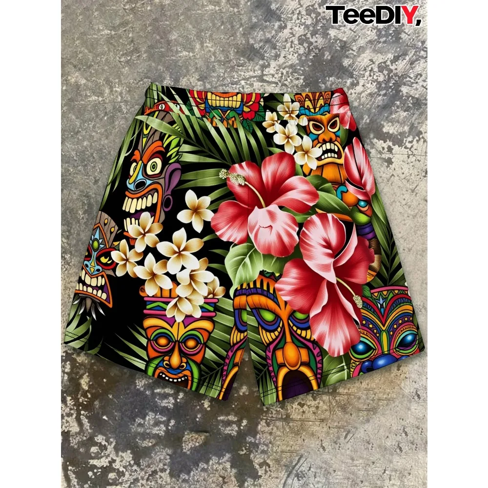 Men Summer Vintage Hawaii Tropical Palm Leaf Tiki Totem All Over Print Quick Dry Streetwear Vacation Swim Trunks