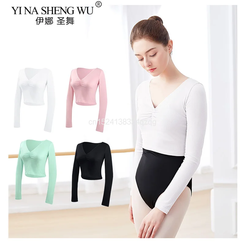 Woman Ballet Dance Tops Knitted Dance Tops V Neck Long Sleeve Dance Shirts Adult Dancewear Training Dance Ballet Costumes