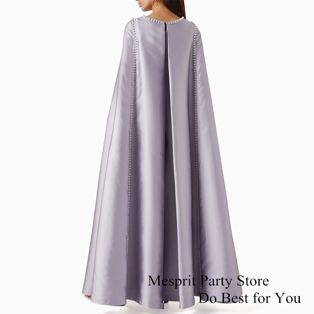 Lilac Saudi Arab Evening Dress Scoop Neck Pearls Long Sleeves Cape Ankle Length Holiday Satin Prom Dresses Pageant Party Gown