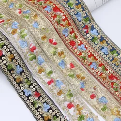 Polyester Lace Fabric with Sequin, Embroidered Floral Applique, Lace Ribbon, Craft Flower, Venise, 1 Yard