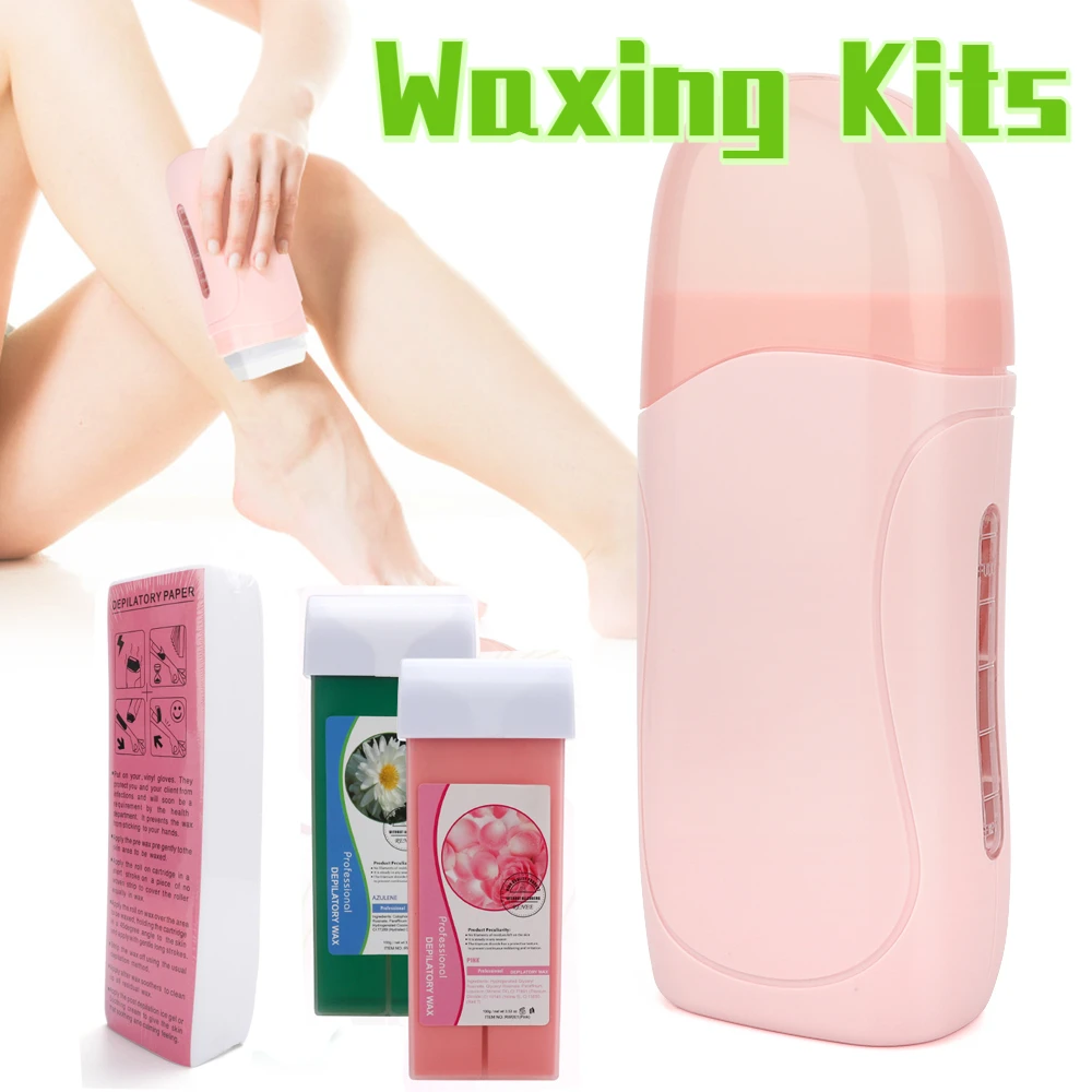 Roll On Depilatory Wax Kit Depilatório Depilação Facial Body Depilação Aquecedor Depilador Máquina de Aquecimento de Cera Tiras de Papel Set 3 em 1