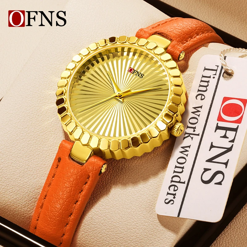 

Женские часы OFNS Light Luxury с радиальным узором на циферблате, ремешок из натуральной кожи, водонепроницаемость 3ATM, кварцевый механизм, модный корпус с зубчатым дизайном