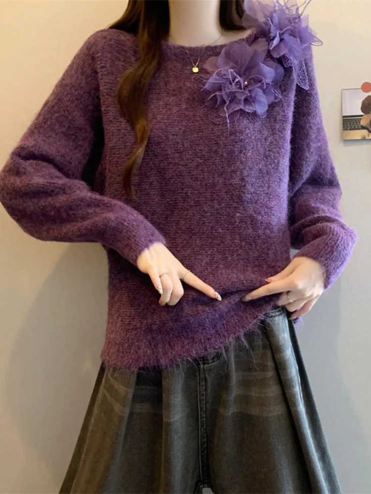 Suéter morado Thiened Batwing Sve para mujer, Base de punto suave y cálida de invierno, dulce Sle, corte holgado, largo, redondo, Ne
