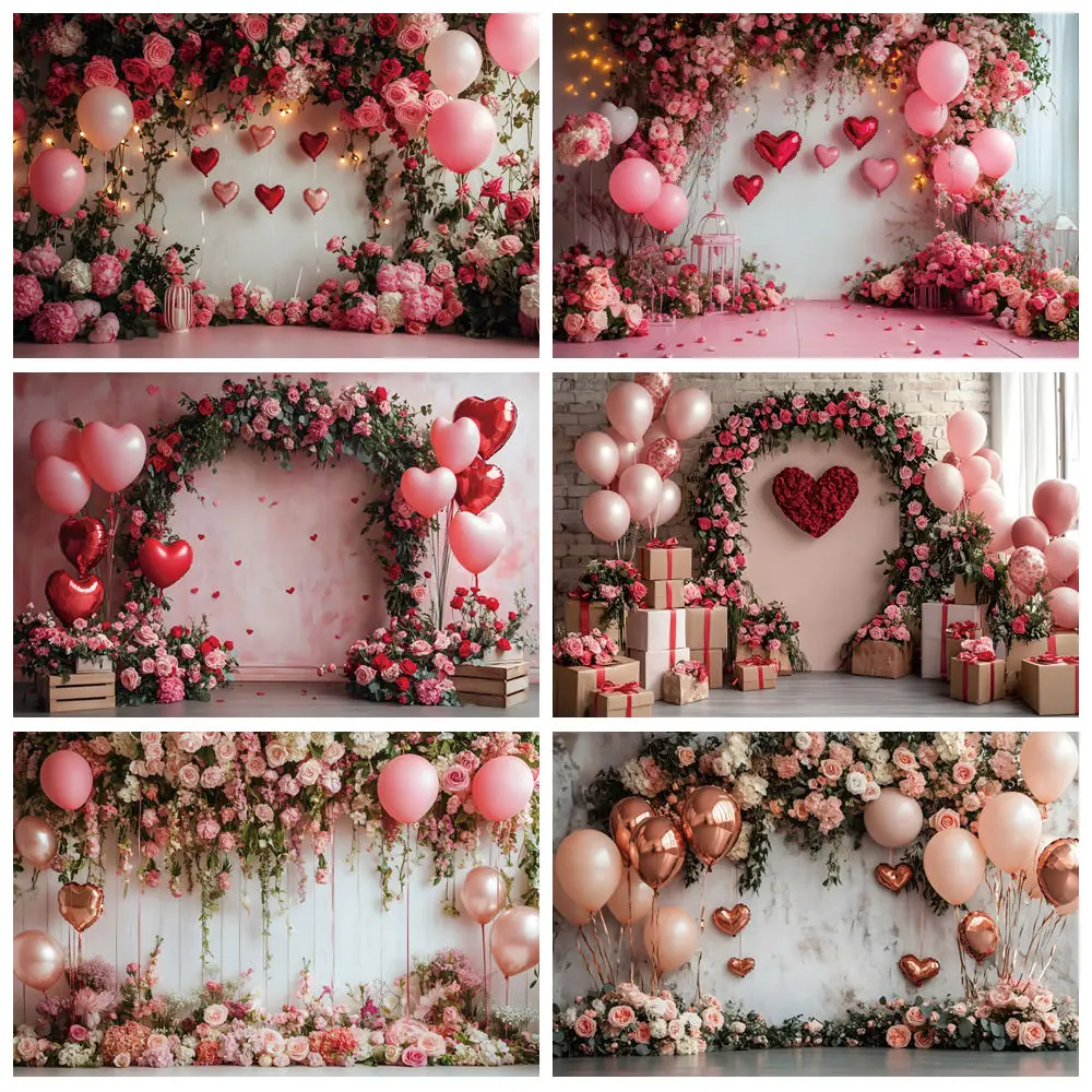 

February 14 Valentines Day Backdrop Love Heart Flower Balloon Romantic Valentine Wedding Bride Shower Photography Background