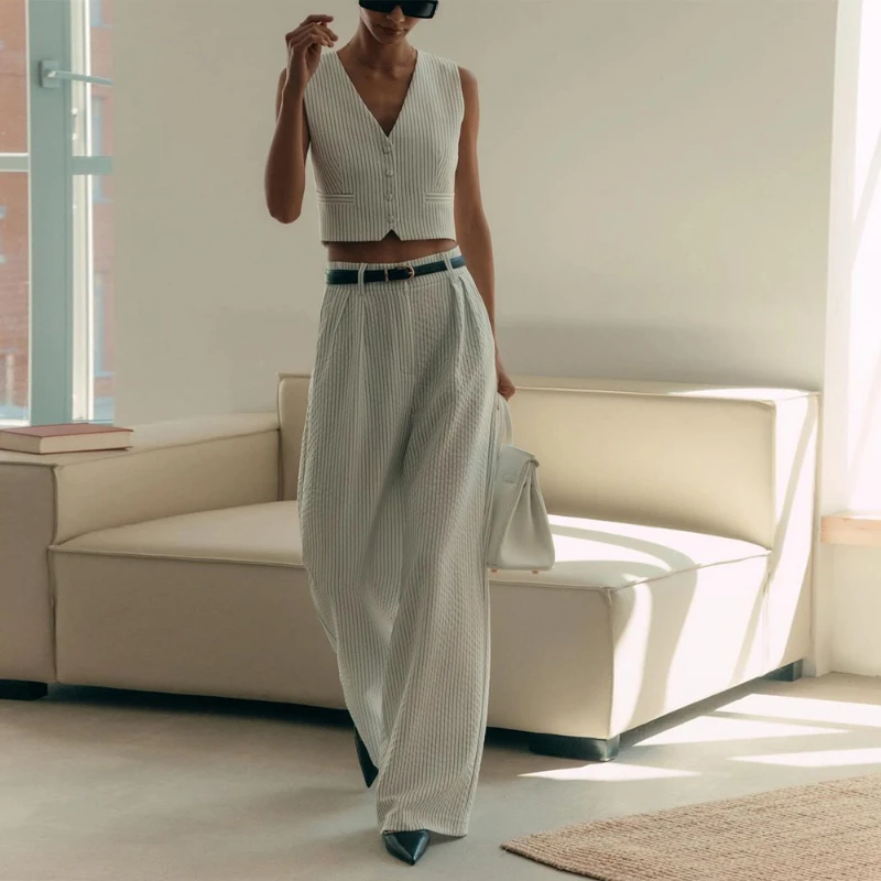 

Fashion Office Lady Striped White Sleeveless Vest V-neck Single-breasted Straight Pant High Quality Suit 2025 New in Spring