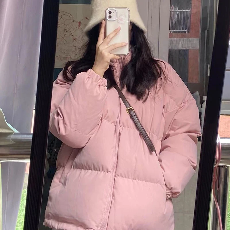 Rimocy Korean Stand Collar Pink Parkas Women Autumn Winter Thick Warm Puffer Jackets Woman Long Sleeve Zipper Cotton Padded Coat